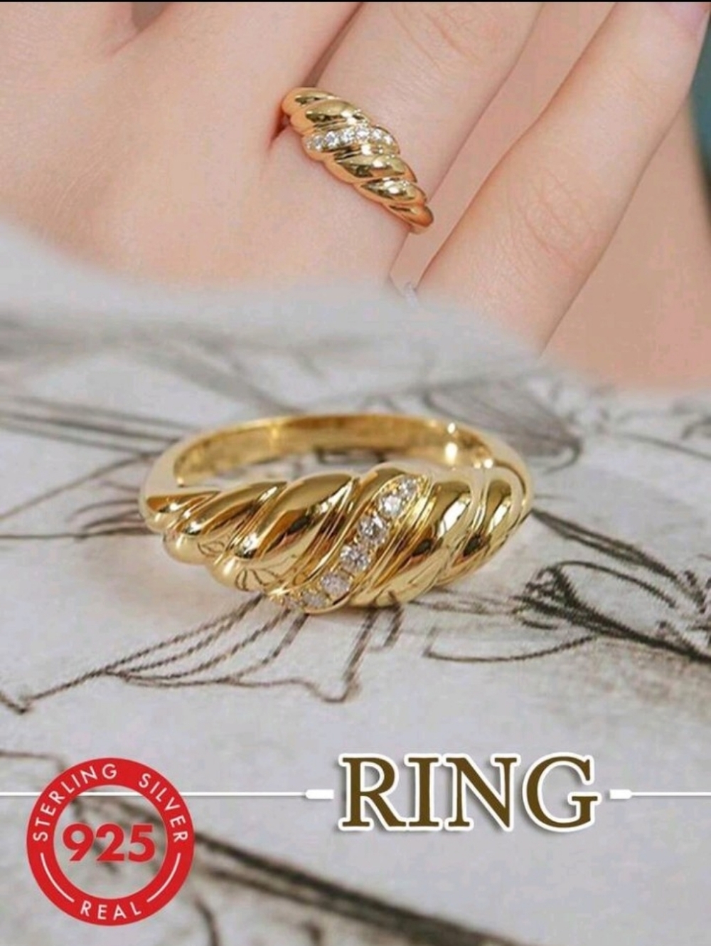 925 Sterling Silver Gold-Tone Twisted Wave Ring with Cubic Zirconia - Gold